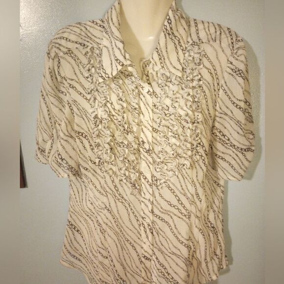 Worthington sheer ruffled front chain print blouse - Picture 1 of 11